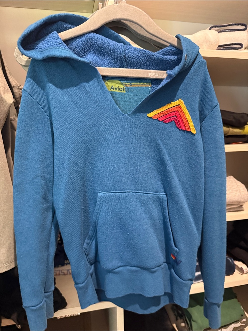 Aviator Nation Blue Kids Hooded Pullover with Rainbow Chevron Patch